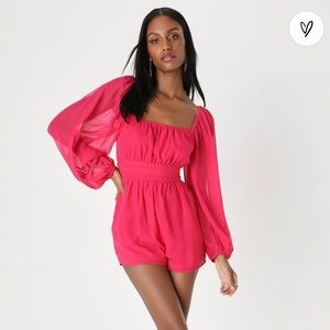 NWT Lulus Inspiring Fashion Hot Pink Long Sleeve Tie-Back Romper